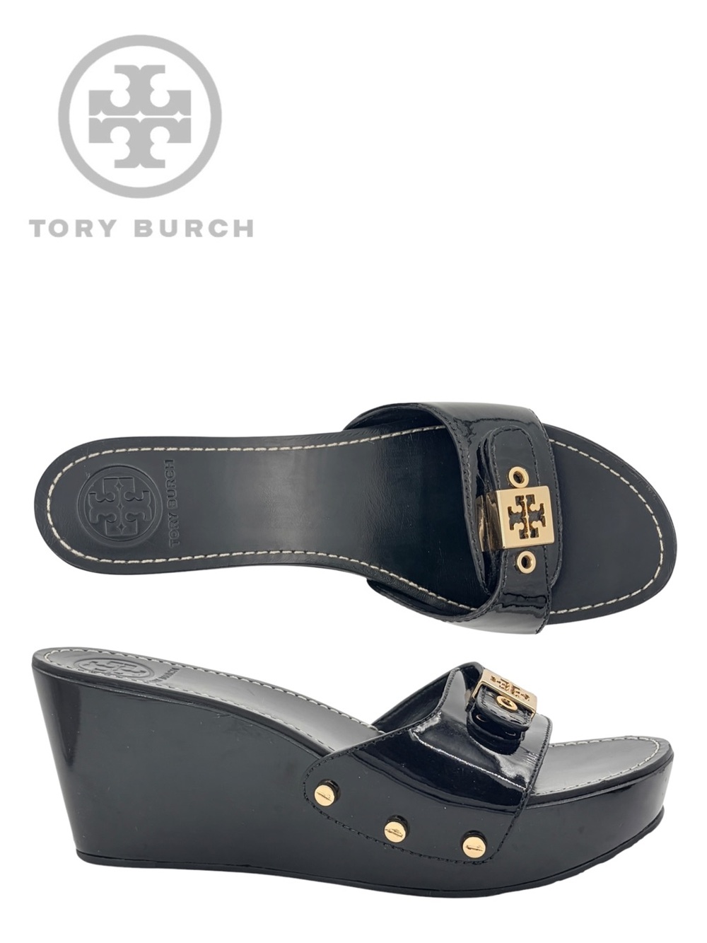 TORY BURCH Rosie Logo Buckle Patent Platform Wedge Sandals + Box
